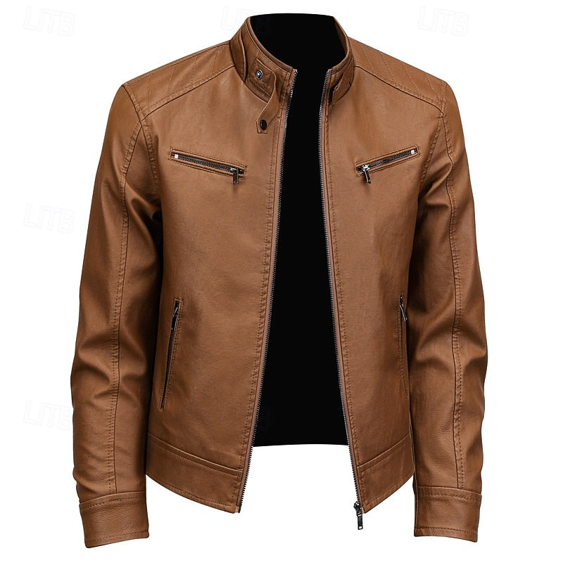 Faux Leather Moto Jacket Men's Brown Stand Collar Zip-Up – Casual, Gift · Faylori