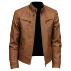Faux Leather Moto Jacket Men's Brown Stand Collar Zip-Up – Casual, Gift · Faylori
