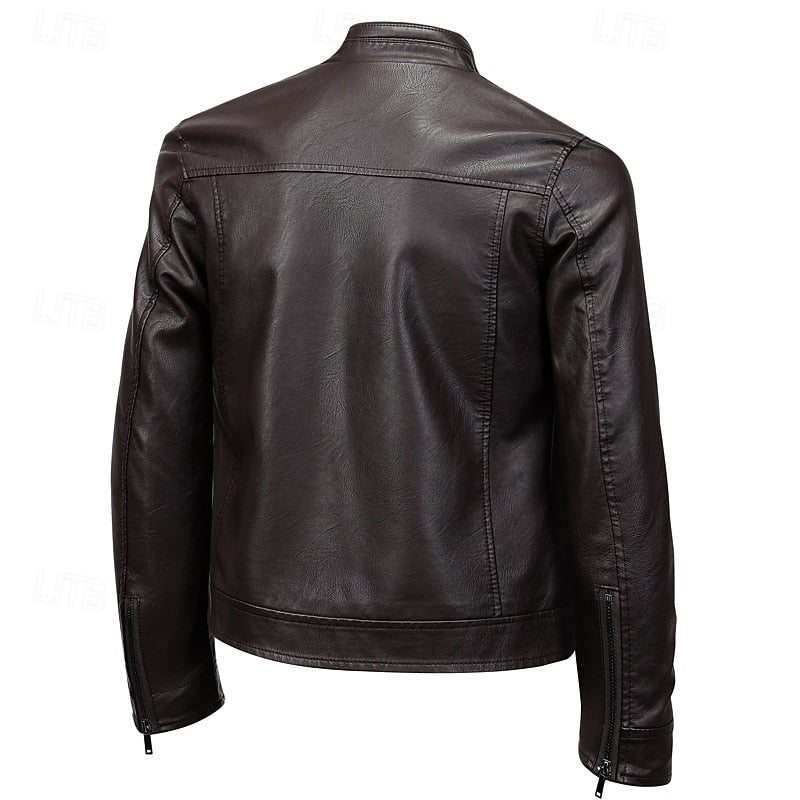 Faux Leather Moto Jacket Men's Brown Stand Collar Zip-Up – Casual, Gift · Faylori