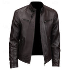 Faux Leather Moto Jacket Men's Brown Stand Collar Zip-Up – Casual, Gift · Faylori