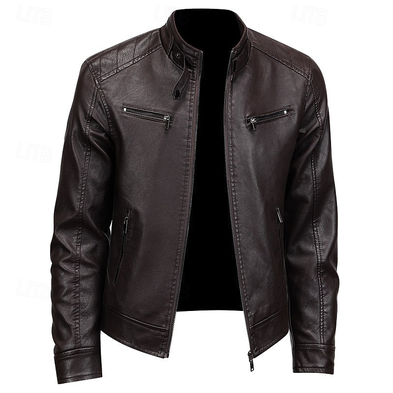 Faux Leather Moto Jacket Men's Brown Stand Collar Zip-Up – Casual, Gift · Faylori