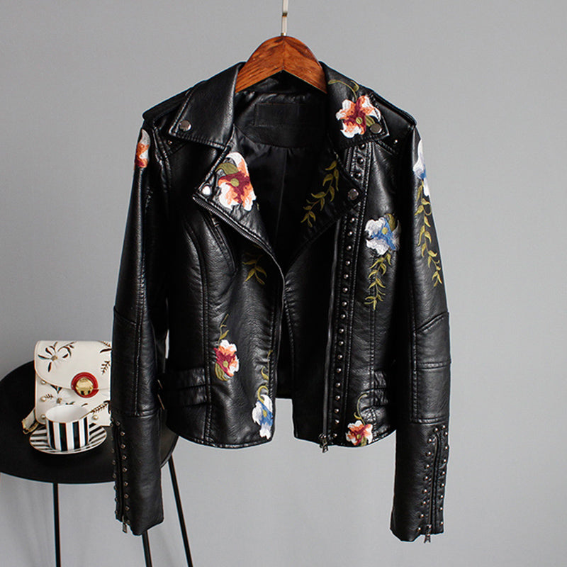Faux Leather Moto Jacket Women's Floral Embroidered Studded Zip Biker – Casual, Office, Holiday, Gift