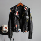 Faux Leather Moto Jacket Women's Floral Embroidered Studded Zip Biker – Casual, Office, Holiday, Gift