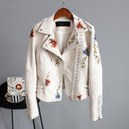 Faux Leather Moto Jacket Women's Floral Embroidered Studded Zip Biker – Casual, Office, Holiday, Gift