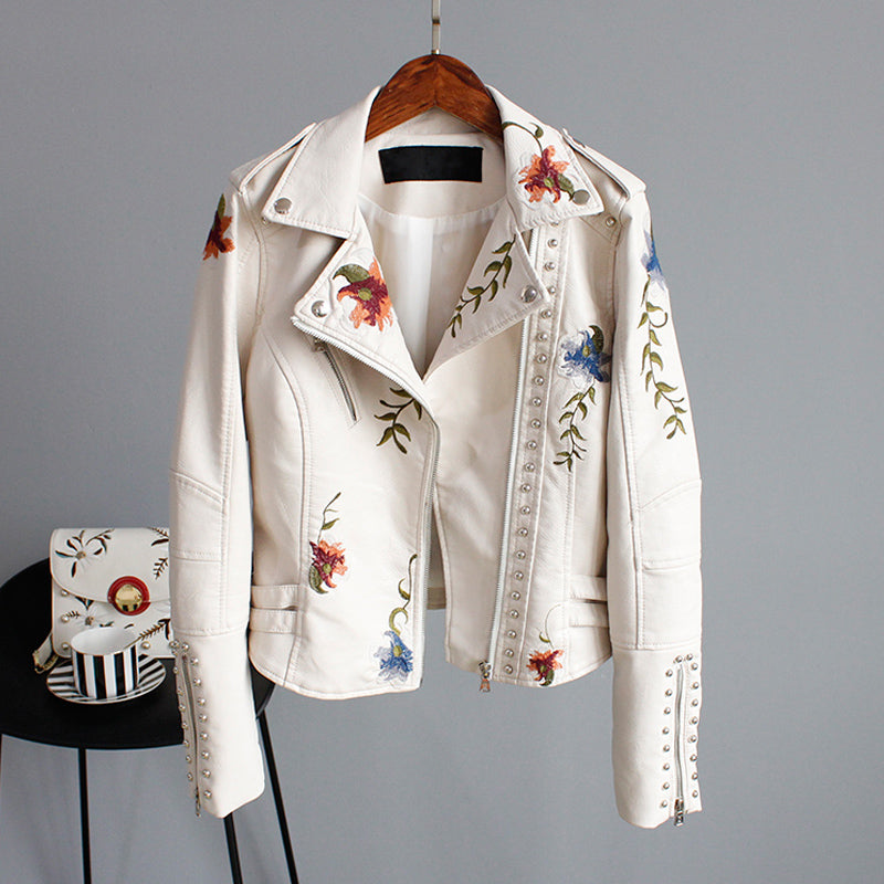 Faux Leather Moto Jacket Women's Floral Embroidered Studded Zip Biker – Casual, Office, Holiday, Gift
