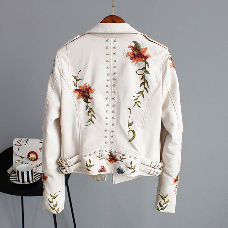 Faux Leather Moto Jacket Women's Floral Embroidered Studded Zip Biker – Casual, Office, Holiday, Gift