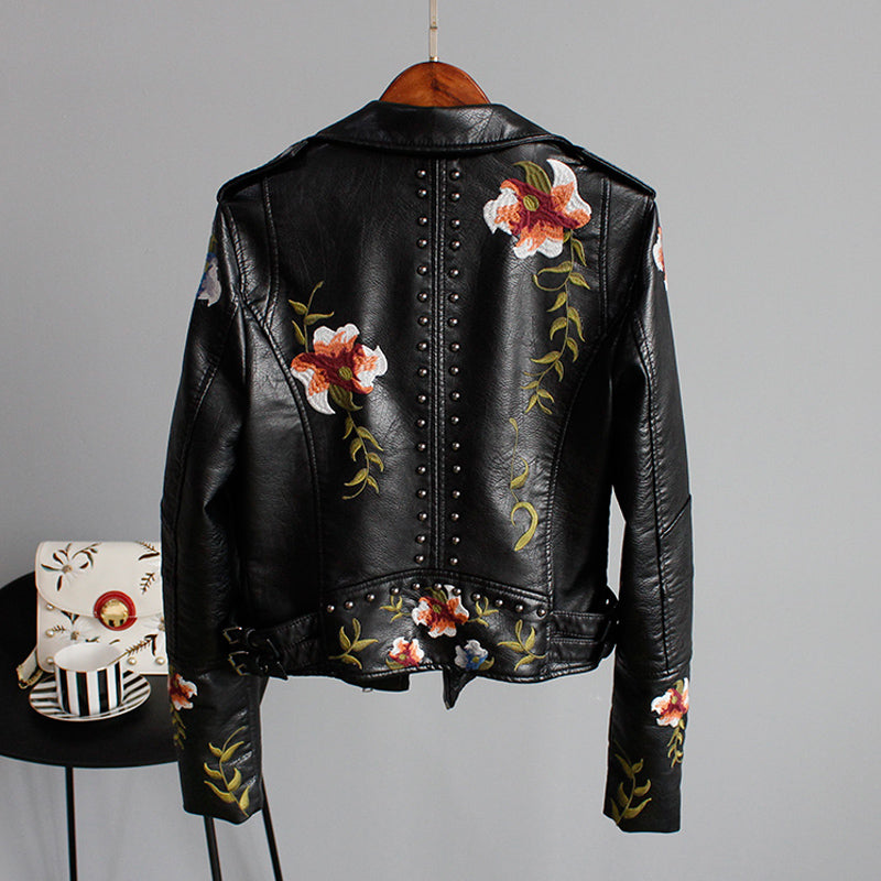 Faux Leather Moto Jacket Women's Floral Embroidered Studded Zip Biker – Casual, Office, Holiday, Gift