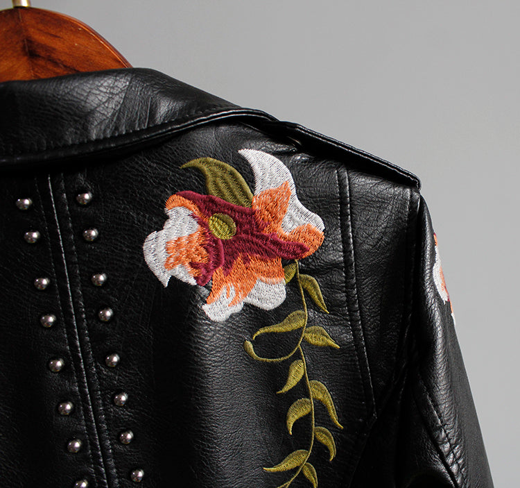 Faux Leather Moto Jacket Women's Floral Embroidered Studded Zip Biker – Casual, Office, Holiday, Gift