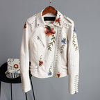 Faux Leather Moto Jacket Women's Floral Embroidered Studded Zip Biker – Casual, Office, Holiday, Gift
