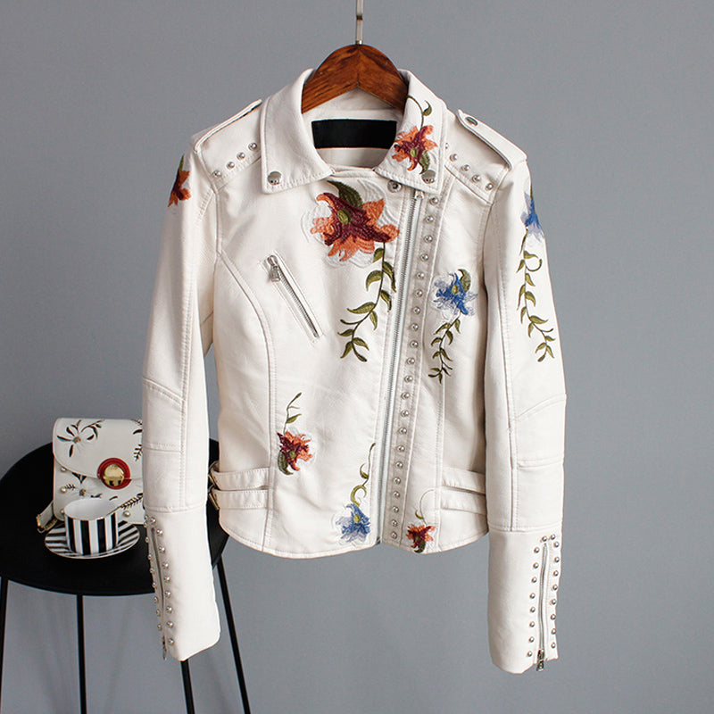 Faux Leather Moto Jacket Women's Floral Embroidered Studded Zip Biker – Casual, Office, Holiday, Gift