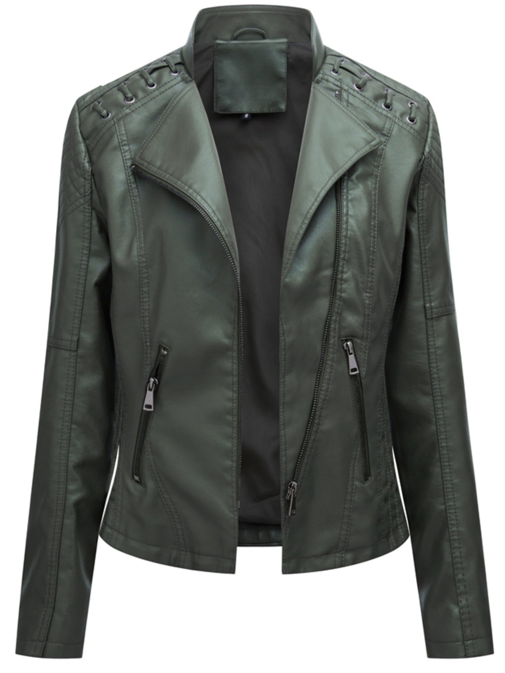 Faux Leather Moto Jacket Women's Green Zip-Up Biker Coat – Casual, Office · Faylori