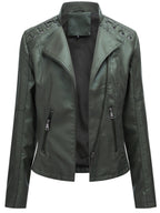 Faux Leather Moto Jacket Women's Green Zip-Up Biker Coat – Casual, Office · Faylori