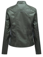 Faux Leather Moto Jacket Women's Green Zip-Up Biker Coat – Casual, Office · Faylori