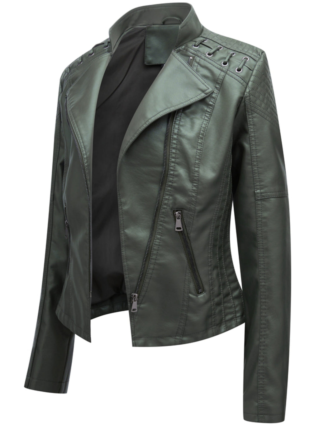 Faux Leather Moto Jacket Women's Green Zip-Up Biker Coat – Casual, Office · Faylori