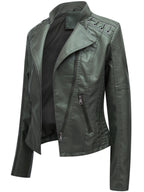 Faux Leather Moto Jacket Women's Green Zip-Up Biker Coat – Casual, Office · Faylori