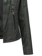 Faux Leather Moto Jacket Women's Green Zip-Up Biker Coat – Casual, Office · Faylori