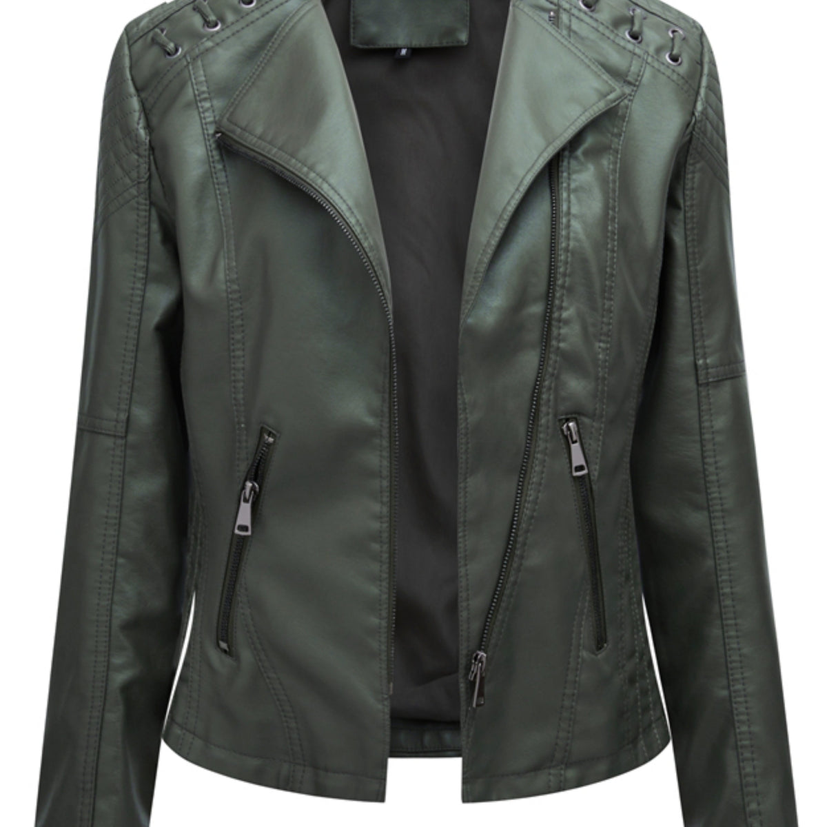 Faux Leather Moto Jacket Women's Green Zip-Up Biker Coat – Casual, Office · Faylori