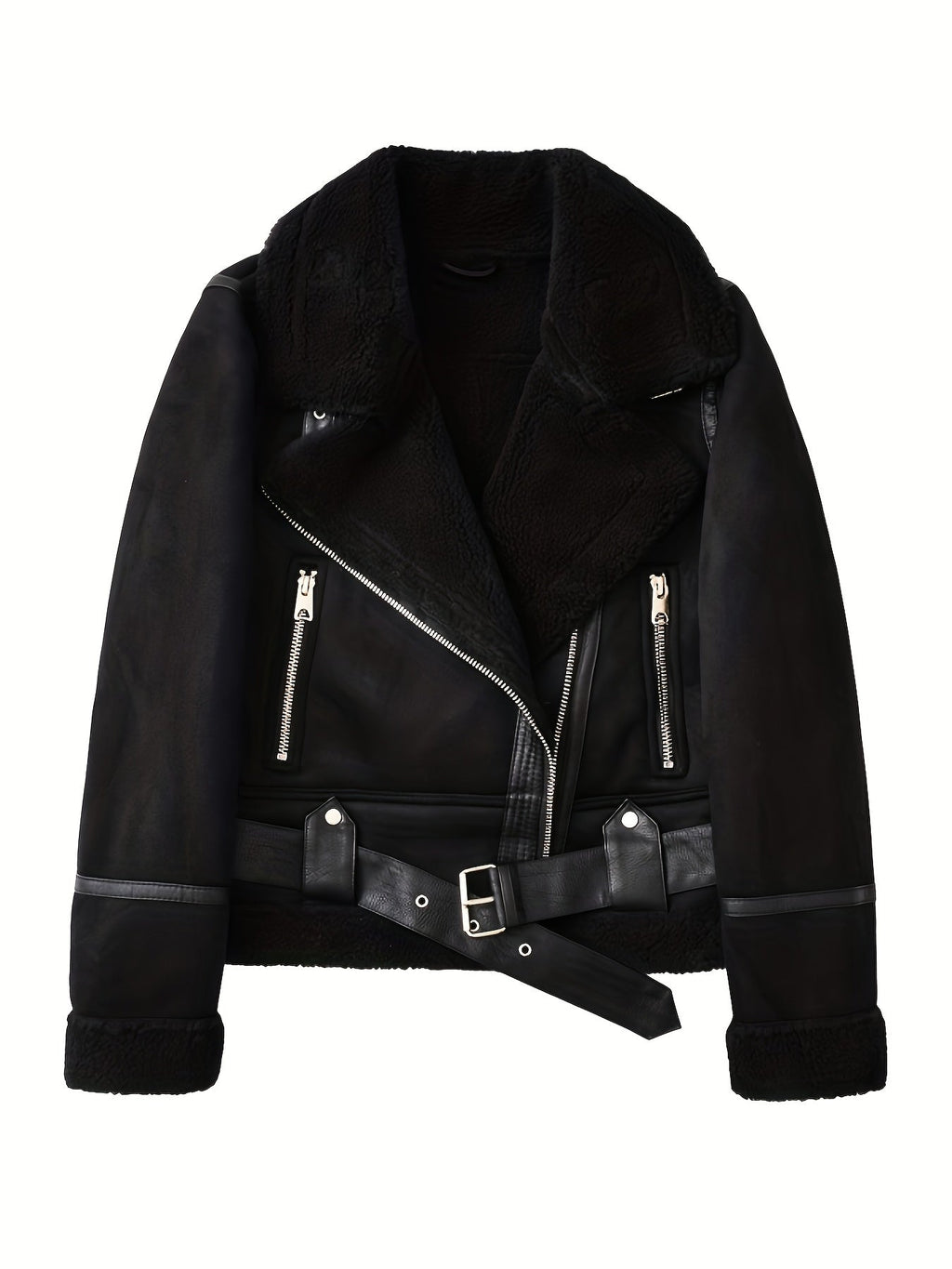 Faux Suede Aviator Jacket Women's Belted Sherpa Collar Moto Coat – Casual, Winter Gift