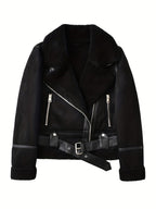 Faux Suede Aviator Jacket Women's Belted Sherpa Collar Moto Coat – Casual, Winter Gift