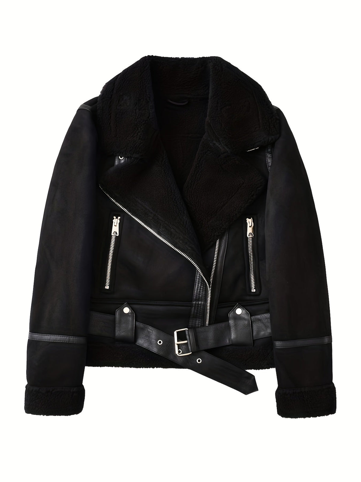 Faux Suede Aviator Jacket Women's Belted Sherpa Collar Moto Coat – Casual, Winter Gift
