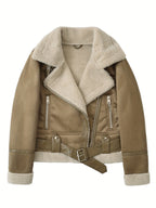 Faux Suede Aviator Jacket Women's Belted Sherpa Collar Moto Coat – Casual, Winter Gift