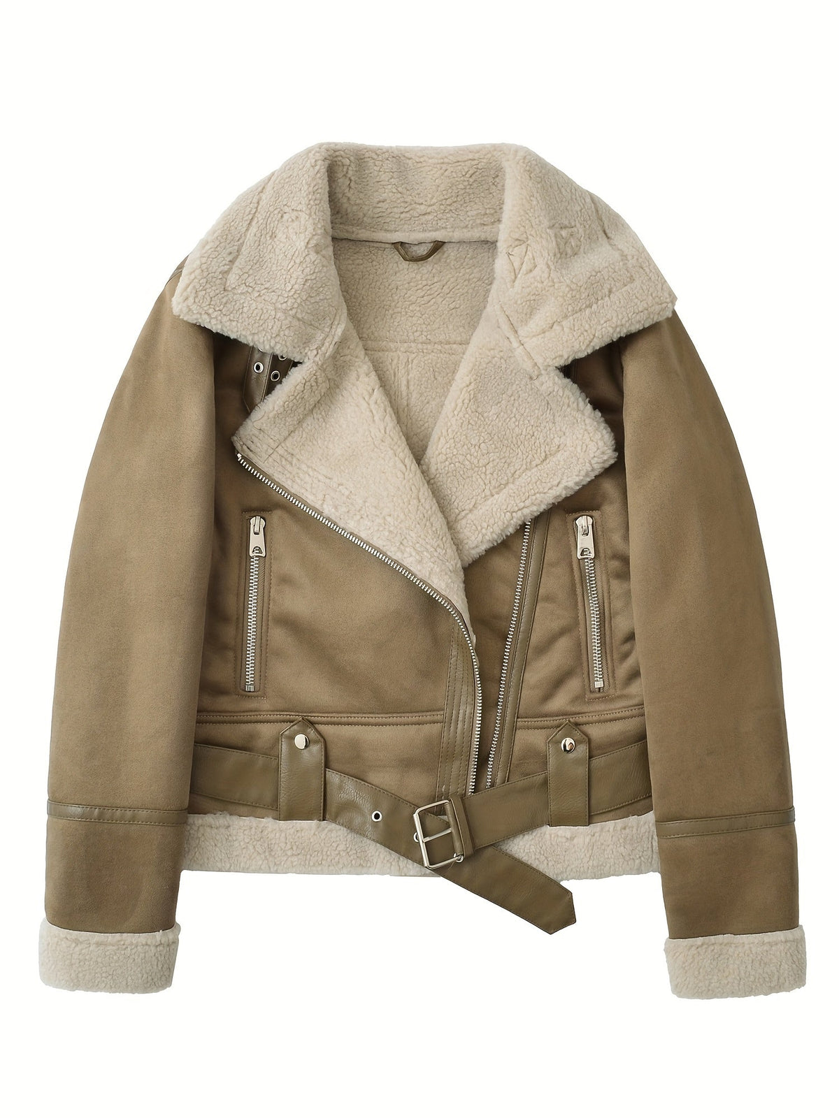 Faux Suede Aviator Jacket Women's Belted Sherpa Collar Moto Coat – Casual, Winter Gift