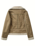 Faux Suede Aviator Jacket Women's Belted Sherpa Collar Moto Coat – Casual, Winter Gift