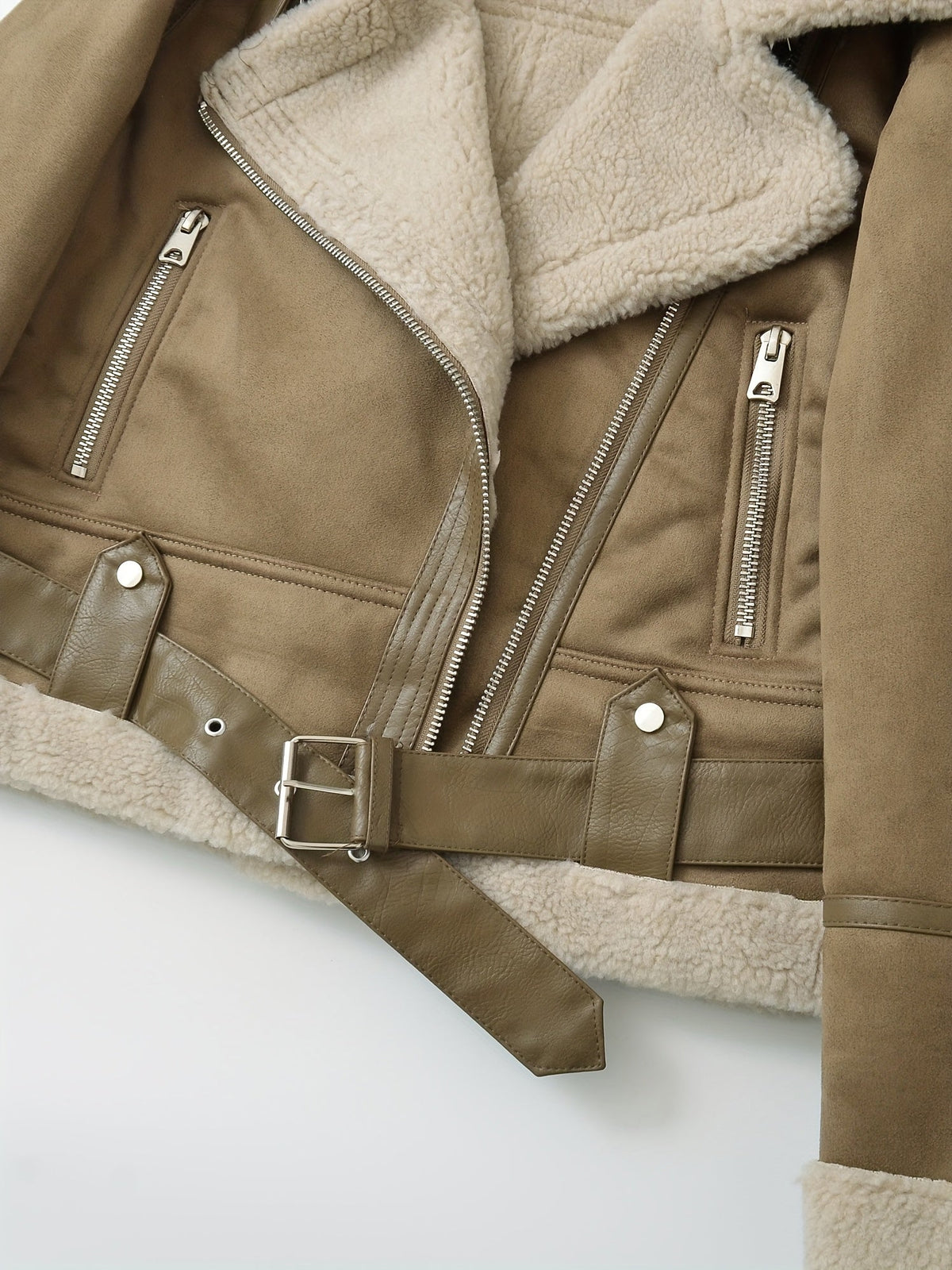 Faux Suede Aviator Jacket Women's Belted Sherpa Collar Moto Coat – Casual, Winter Gift
