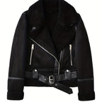 Faux Suede Aviator Jacket Women's Belted Sherpa Collar Moto Coat – Casual, Winter Gift