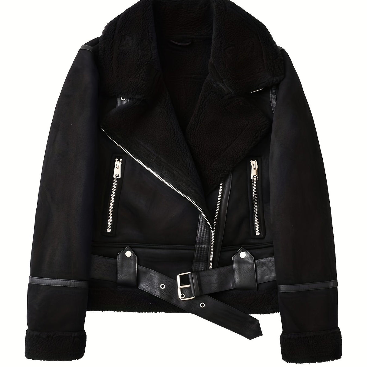 Faux Suede Aviator Jacket Women's Belted Sherpa Collar Moto Coat – Casual, Winter Gift