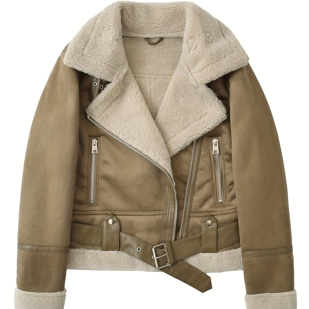 Faux Suede Aviator Jacket Women's Belted Sherpa Collar Moto Coat – Casual, Winter Gift