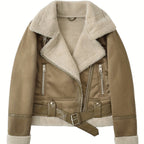 Faux Suede Aviator Jacket Women's Belted Sherpa Collar Moto Coat – Casual, Winter Gift