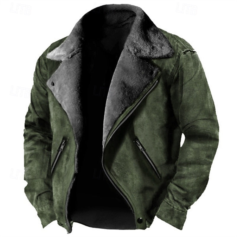Faux Suede Sherpa Fleece Winter Jacket Men's Brown Lapel Zip-Up – Casual, Warm Outerwear
