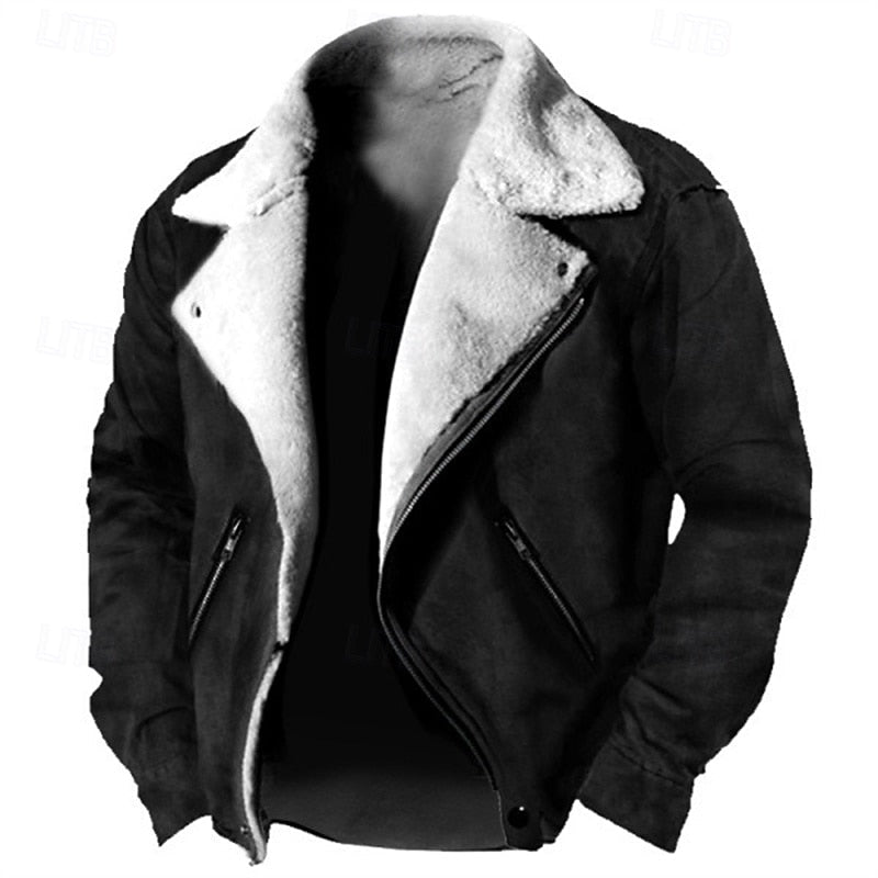 Faux Suede Sherpa Fleece Winter Jacket Men's Brown Lapel Zip-Up – Casual, Warm Outerwear