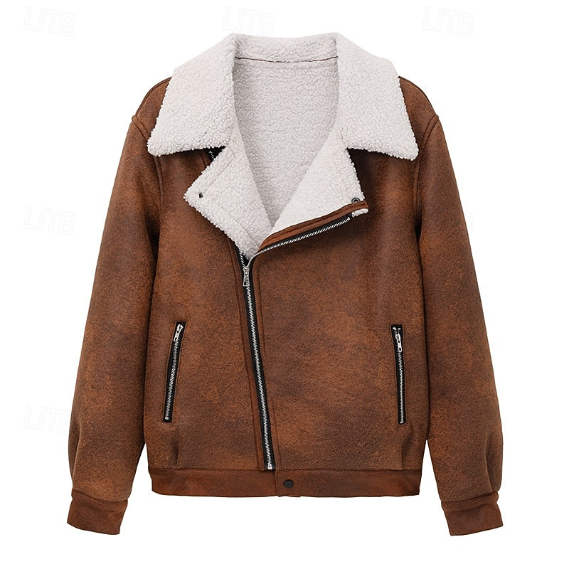 Faux Suede Sherpa Fleece Winter Jacket Men's Brown Lapel Zip-Up – Casual, Warm Outerwear