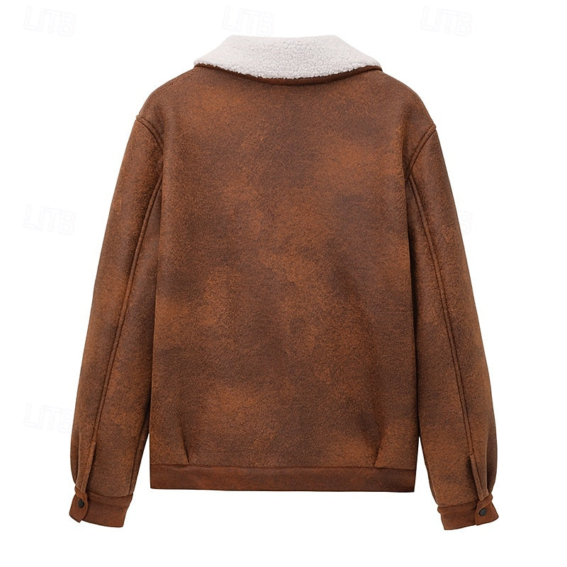 Faux Suede Sherpa Fleece Winter Jacket Men's Brown Lapel Zip-Up – Casual, Warm Outerwear