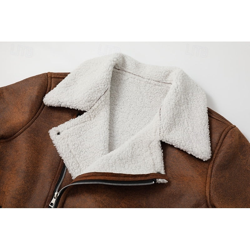 Faux Suede Sherpa Fleece Winter Jacket Men's Brown Lapel Zip-Up – Casual, Warm Outerwear