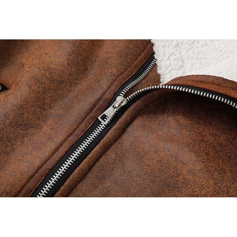 Faux Suede Sherpa Fleece Winter Jacket Men's Brown Lapel Zip-Up – Casual, Warm Outerwear