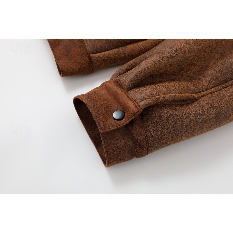 Faux Suede Sherpa Fleece Winter Jacket Men's Brown Lapel Zip-Up – Casual, Warm Outerwear