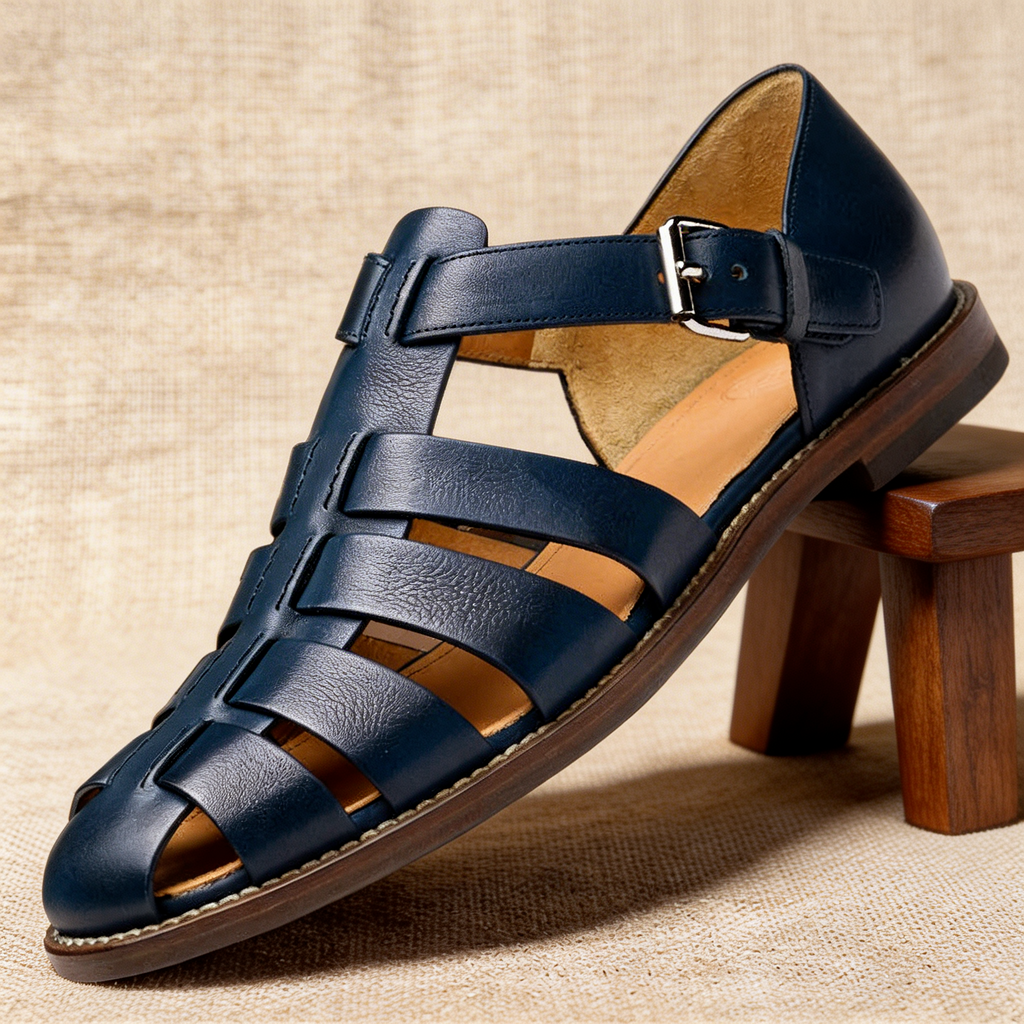 Fisherman Sandals Navy Leather Closed-Toe Men's Buckle Strap – Casual, Summer · Faylori