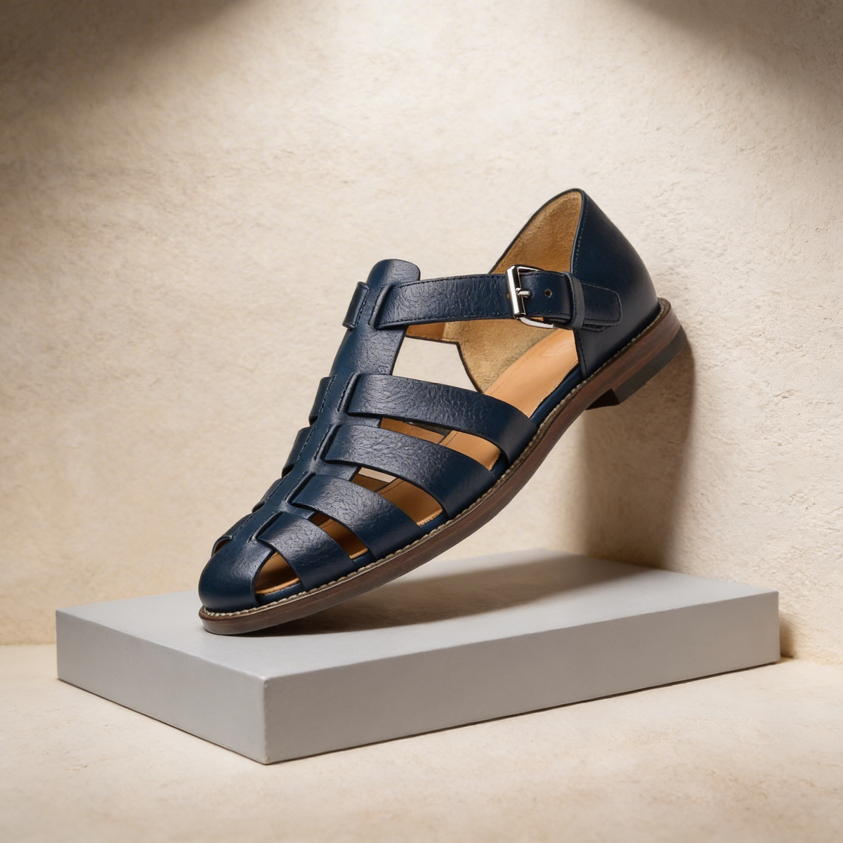 Fisherman Sandals Navy Leather Closed-Toe Men's Buckle Strap – Casual, Summer · Faylori