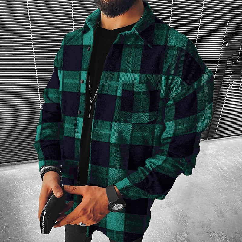 Flannel Overshirt Men's Green Plaid Long Sleeve Shirt Jacket – Casual, Gift · Faylori
