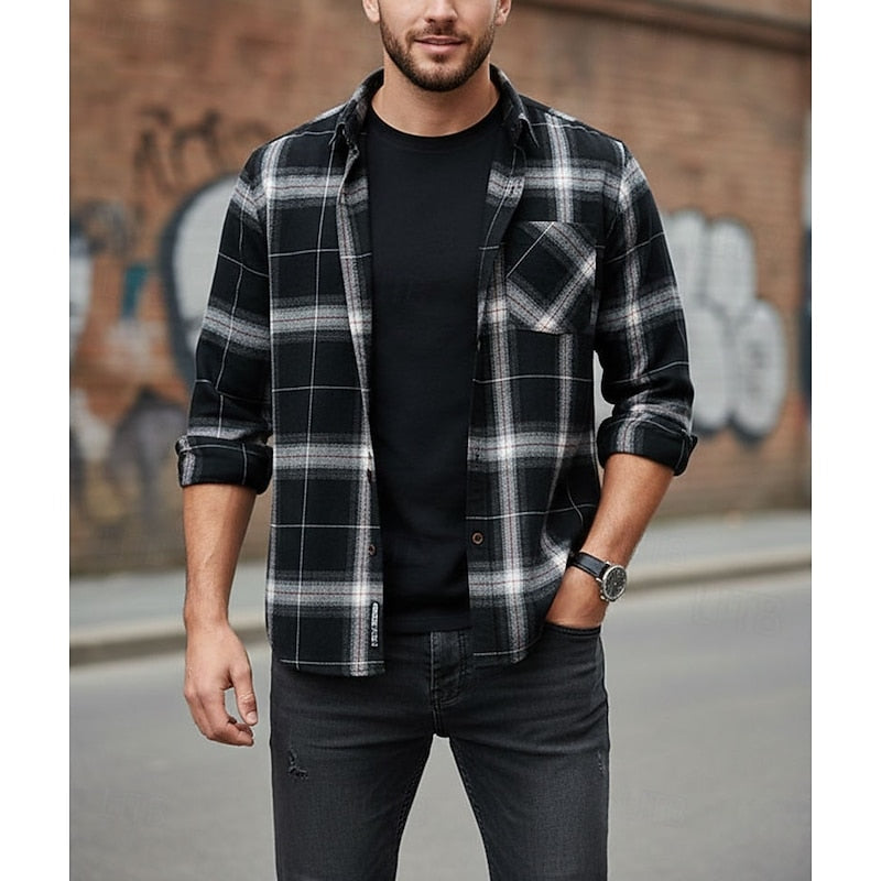 Flannel Plaid Shirt Men's Long Sleeve Button-Up Checked Overshirt with Chest Pocket – Casual, Office