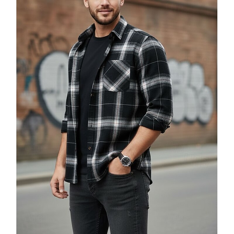 Flannel Plaid Shirt Men's Long Sleeve Button-Up Checked Overshirt with Chest Pocket – Casual, Office