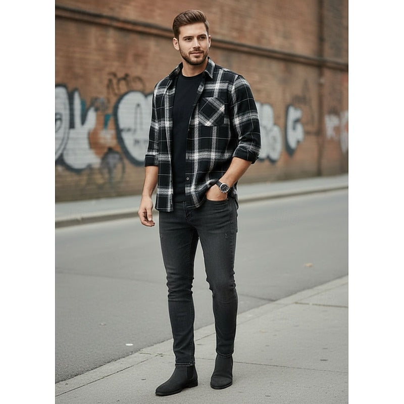 Flannel Plaid Shirt Men's Long Sleeve Button-Up Checked Overshirt with Chest Pocket – Casual, Office