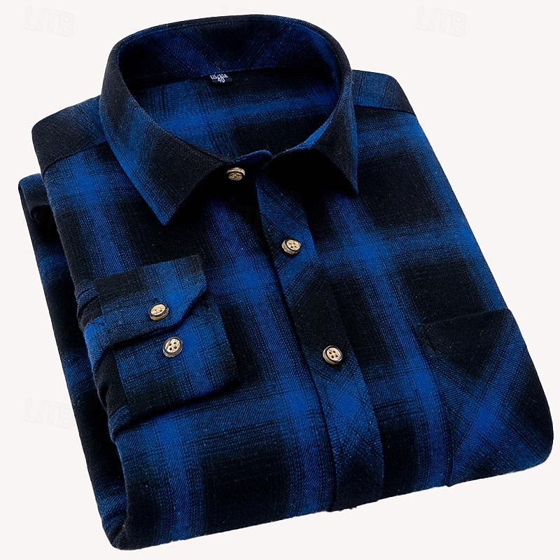 Flannel Plaid Shirt Men's Long Sleeve Button-Up Checked Overshirt with Chest Pocket – Casual, Office