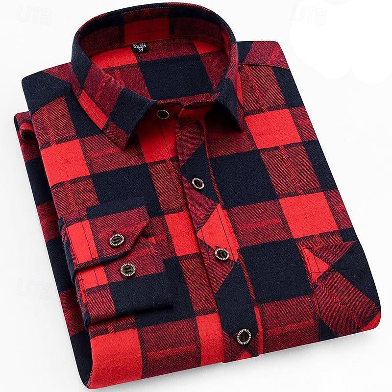 Flannel Plaid Shirt Men's Long Sleeve Button-Up Checked Overshirt with Chest Pocket – Casual, Office