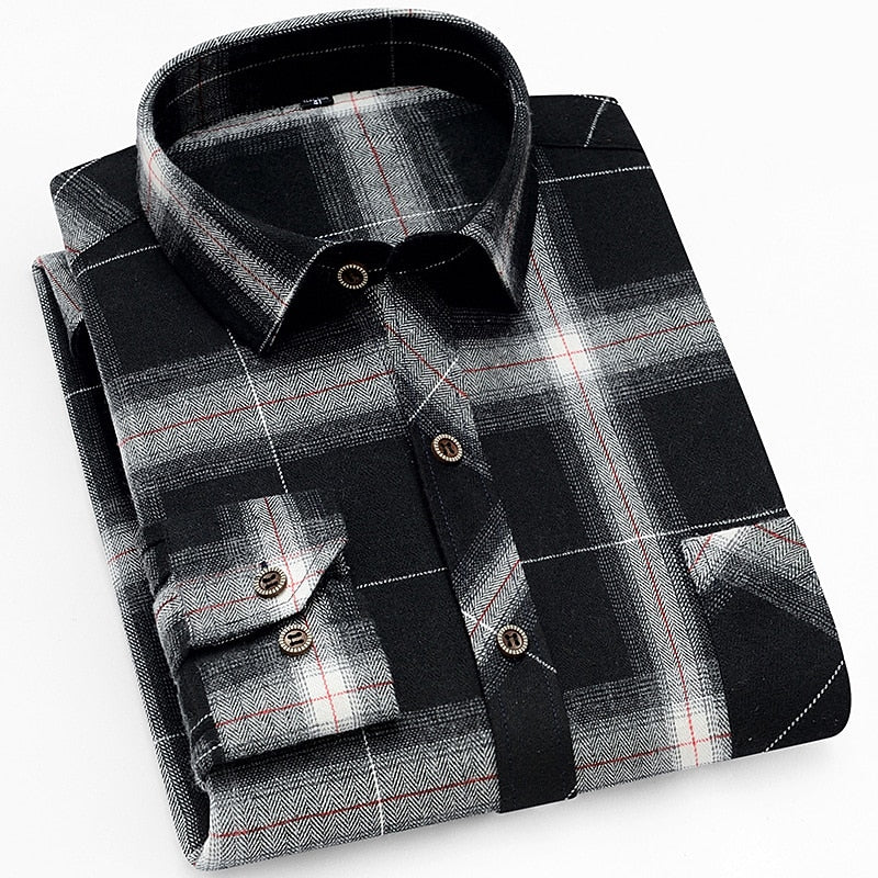 Flannel Plaid Shirt Men's Red Black Check Long Sleeve Button-Up – Casual, Office
