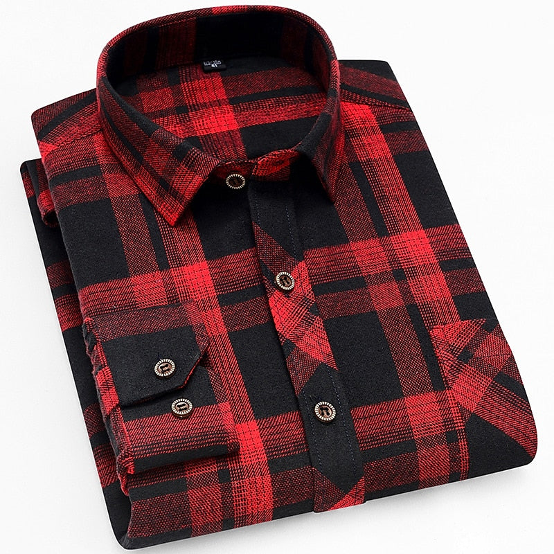 Flannel Plaid Shirt Men's Red Black Check Long Sleeve Button-Up – Casual, Office