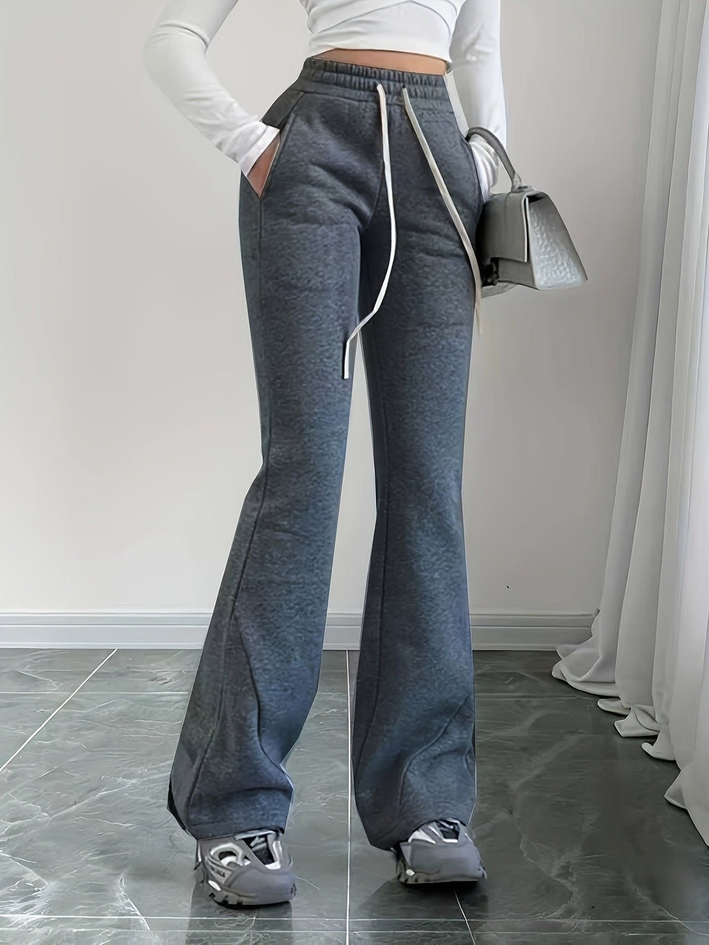Flared Lounge Pants High-Waist Drawstring Women's – Casual, Everyday Comfort · Faylori